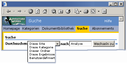Suchleiste mit Bereichsliste